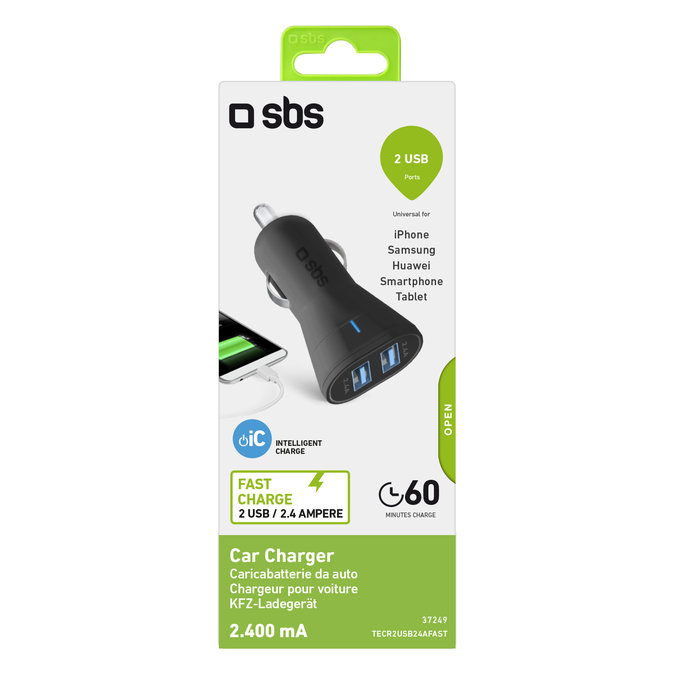 SBS - Incărcător de Ma?ină 2x USB, 2.4A, negru