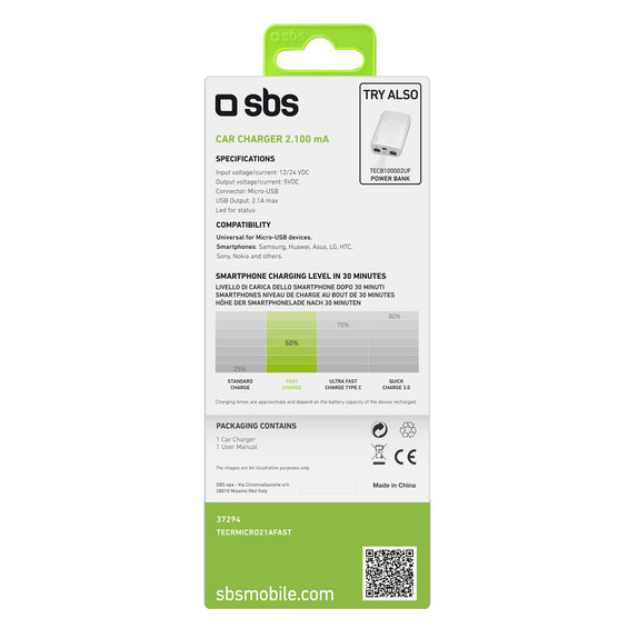 SBS - Incărcător de Ma?ină Micro-USB, 2.1A, negru