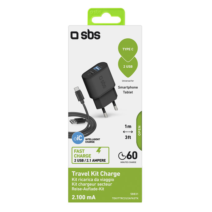SBS - 10W Adaptor de încărcare 2x USB + Cablu USB / USB-C, negru
