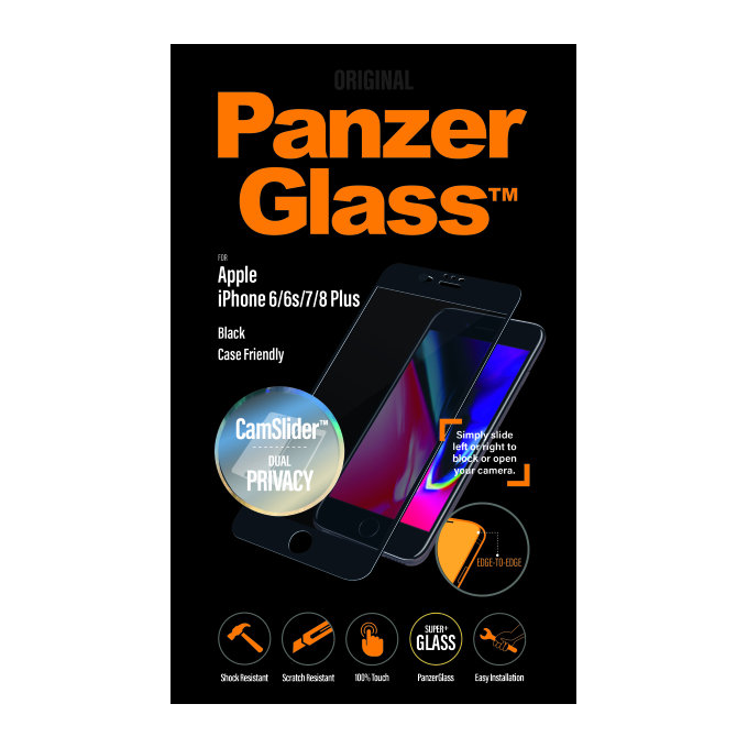 PanzerGlass - Sticlă întârită Privacy CamSlider pentru iPhone 8/7/6s/6 Plus, neagră