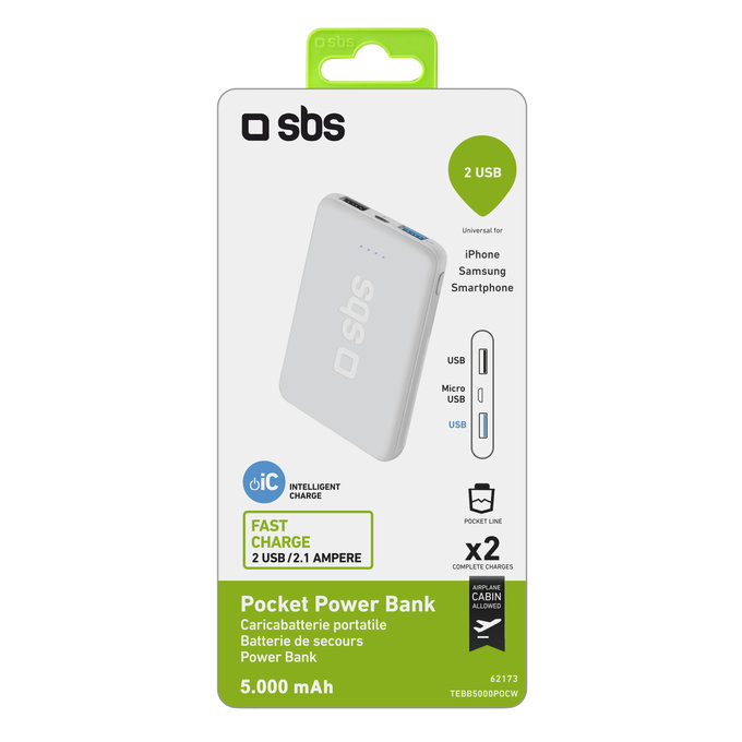 SBS - PowerBank 5000 mAh - 2x USB, Micro-USB, alb