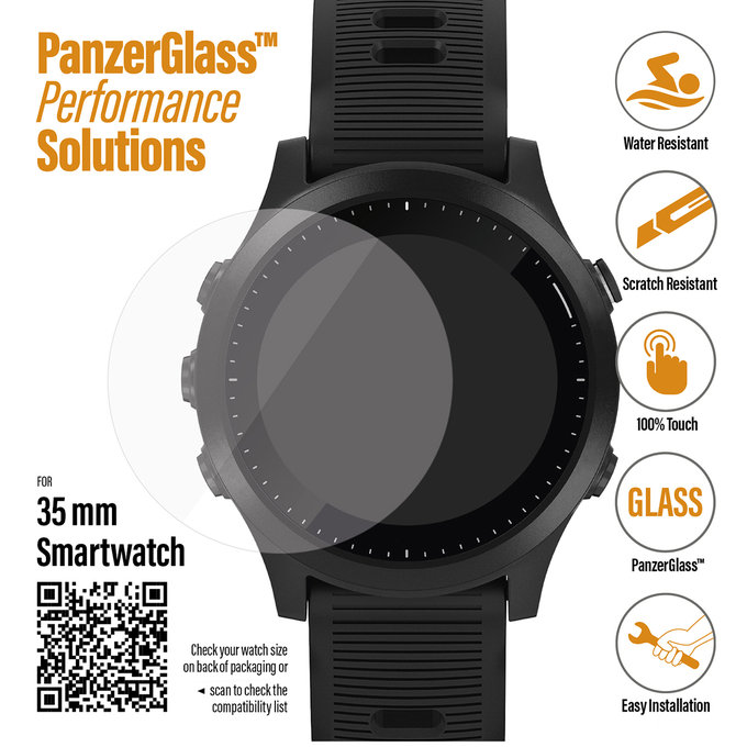 PanzerGlass - Sticlă întărită universală Flat Glass pentru smartwatch (35 mm), transparentă