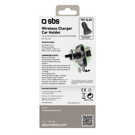 SBS - Suport gravita?ional pentru ma?ină cu încărcare wireless, 10W, Qi, negru