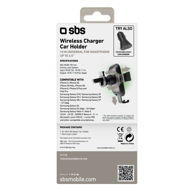SBS - Suport gravita?ional pentru ma?ină cu încărcare wireless, 10W, Qi, negru