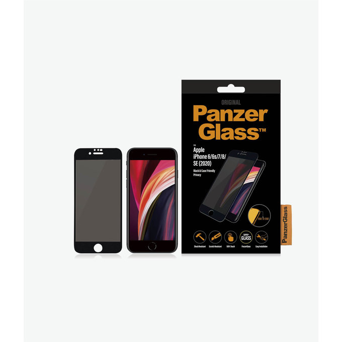 PanzerGlass - Geam Securizat Privacy Case Friendly pentru iPhone 6, 6s, 7, 8, SE 2020 & SE 2022, negru