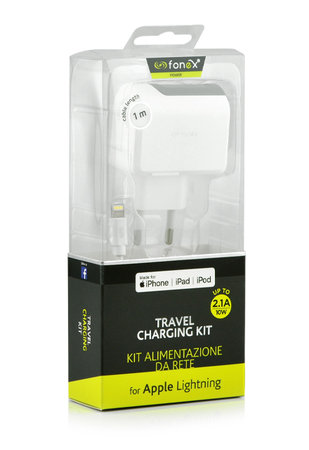 Fonex - Set de încărcare pentru călătorie USB/MFI Lightning, 2100 mA, 10W, alb