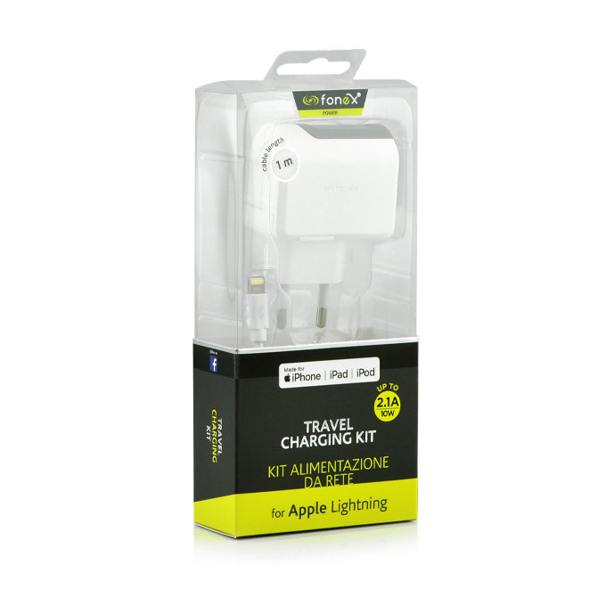 Fonex - Set de încărcare pentru călătorie USB/MFI Lightning, 2100 mA, 10W, alb