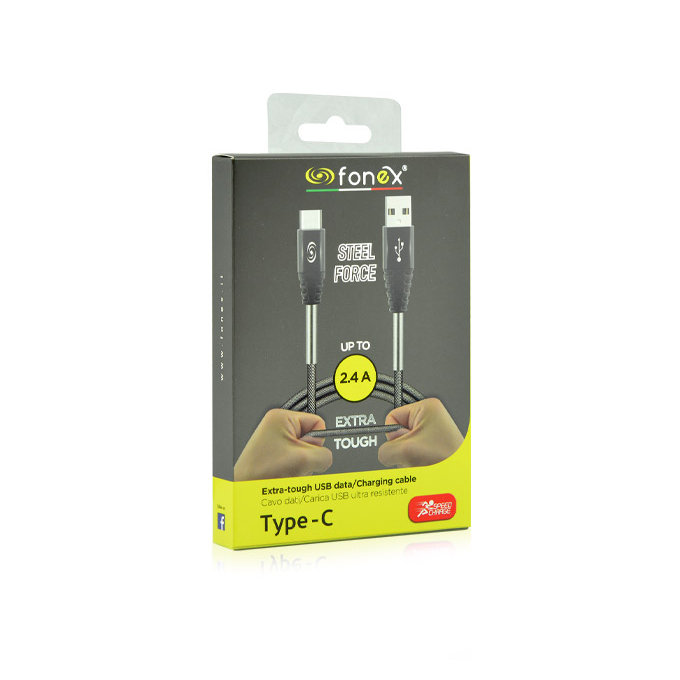 Fonex - Cablu Steel Force USB/USB-C, 2.4A, 12W, 1m, gri