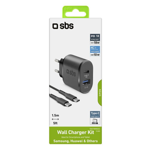 SBS - 18W Adaptor de încărcare USB, USB-C + Cablu USB-C / USB-C, negru