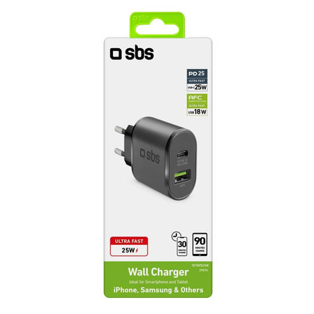 SBS - 25W Adaptor de încărcare USB, USB-C, negru