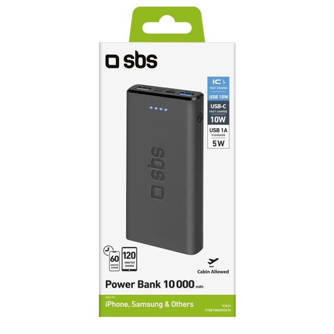SBS - PowerBank 10 000 mAh - 2x USB, Micro-USB, negru