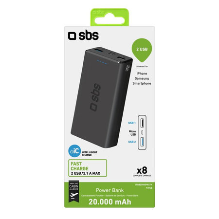 SBS - PowerBank 20 000 mAh - 2x USB, Micro-USB, negru