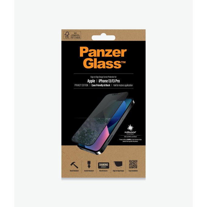 PanzerGlass - Geam Securizat Case Friendly Privacy AB pentru iPhone 13, 13 Pro, 14 & 16e, negru