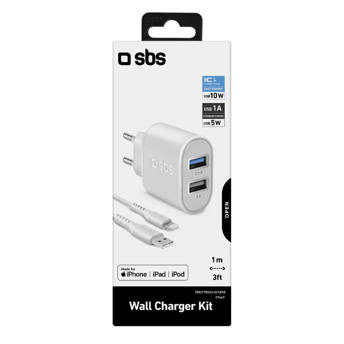 SBS - 10W Adaptor de încărcare 2x USB + Cablu USB / USB-C, alb