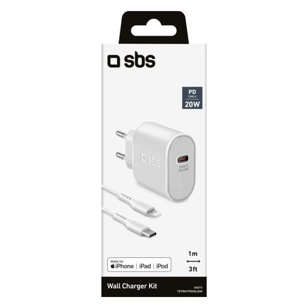 SBS - 20W Adaptor de încărcare USB-C PowerDelivery + Cablu Lightning (1m), alb