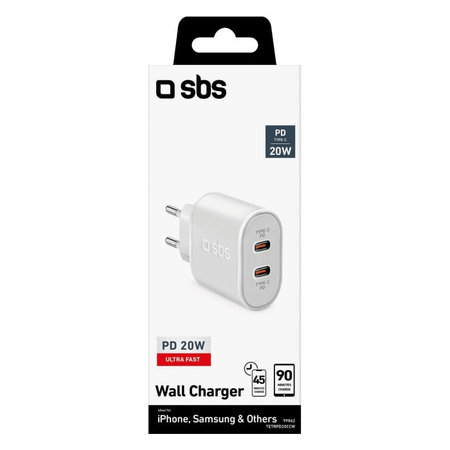 SBS - 20W Adaptor de încărcare 2x USB-C Power Delivery, alb