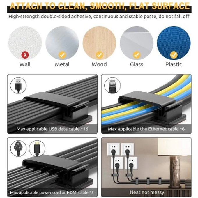 FixPremium - Organizator de cabluri - Clemă pentru cabluri - Set de 3, negru