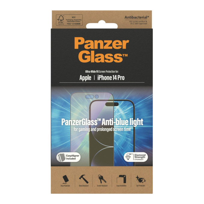 Sticlă securizată UWF Anti-Bluelight AB cu aplicator pentru iPhone 14 Pro, Negru, PanzerGlass