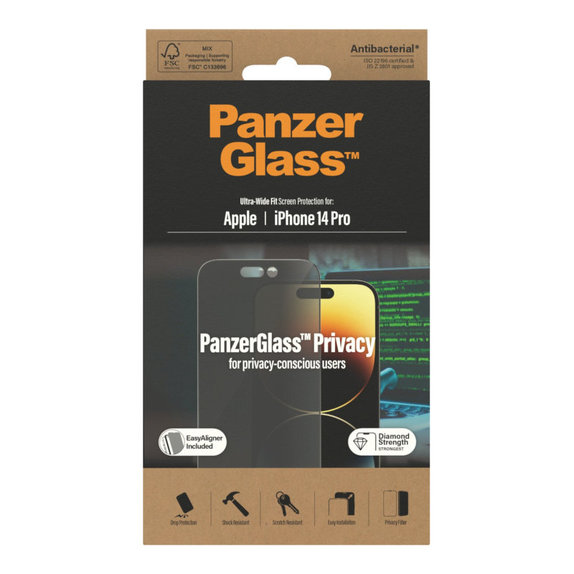 Sticlă securizată UWF Privacy AB cu aplicator pentru iPhone 14 Pro, Negru, PanzerGlass
