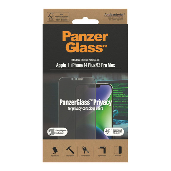 Sticlă securizată UWF Privacy AB cu aplicator pentru iPhone 14 Plus/13 Pro Max, Negru, PanzerGlass