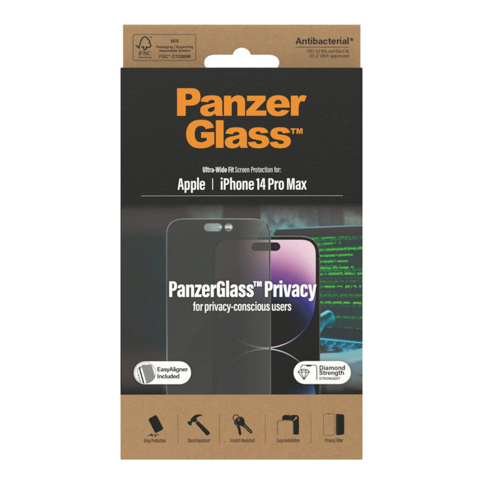 Sticlă securizată UWF Privacy AB cu aplicator pentru iPhone 14 Pro Max, Negru, PanzerGlass