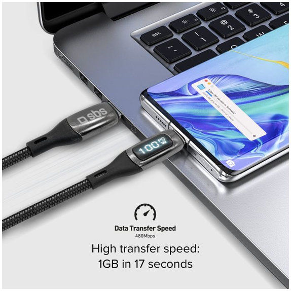 SBS - USB-C / USB-C Cablu cu LCD & PowerDelivery 100W (1m), negru