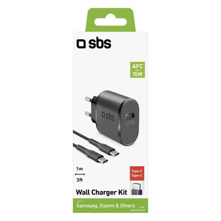 SBS - 15W Adaptor de încărcare USB-C + Cablu USB-C / USB-C (1m), negru