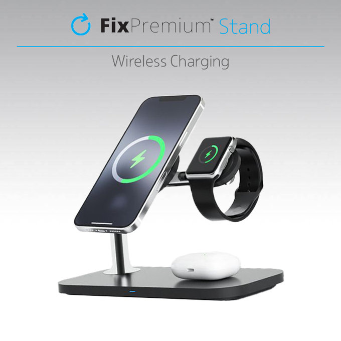 FixPremium - MagSafe Stand 3v1 pentru iPhone, Apple Watch & AirPods, alb