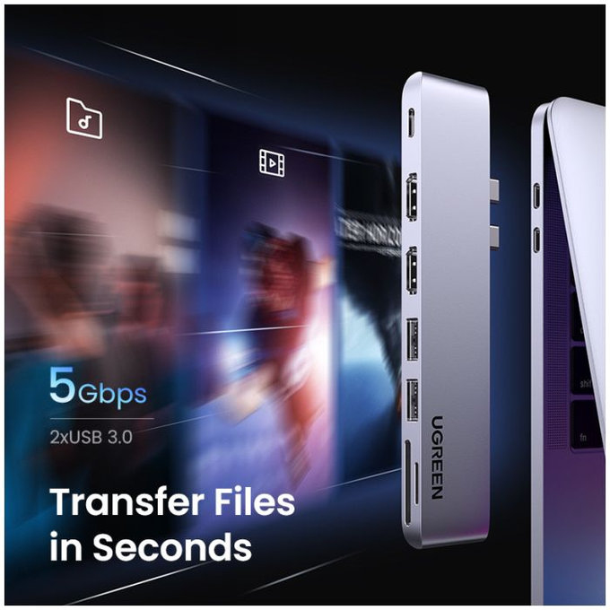 UGREEN - Dual USB-C Hub 7in1, gri