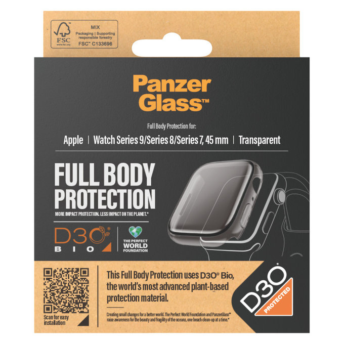 Sticlă securizată Full Body D3O pentru Apple Watch 9/8/7 45 mm, Transparent, PanzerGlass