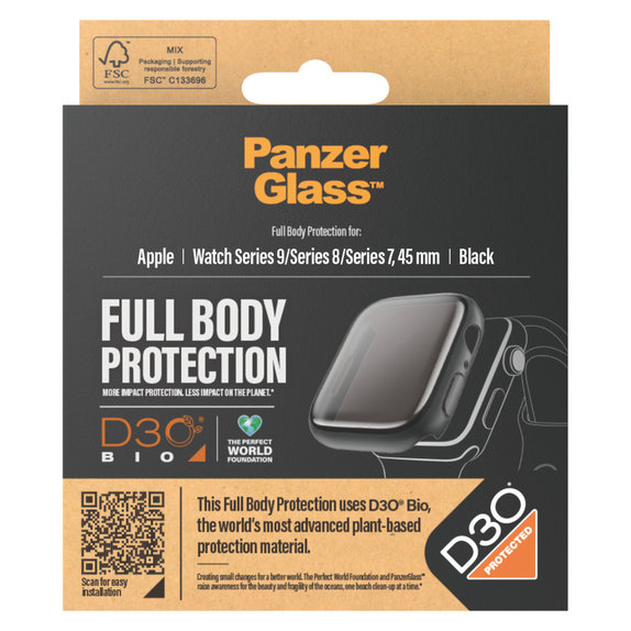 Sticlă securizată Full Body D3O pentru Apple Watch 9/8/7 45 mm, Negru, PanzerGlass