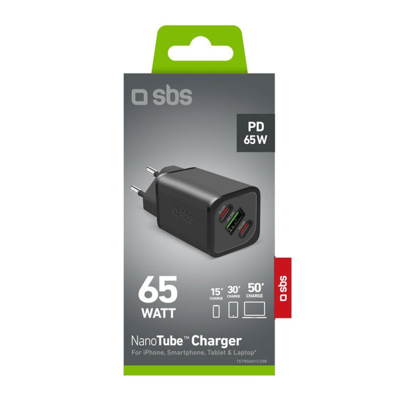 Adaptor de călătorie NanoTube 2x USB-C/USB-A, GaN, 65 W PD, negru, SBS
