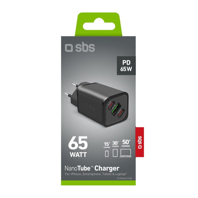 Adaptor de călătorie NanoTube 2x USB-C/USB-A, GaN, 65 W PD, negru, SBS
