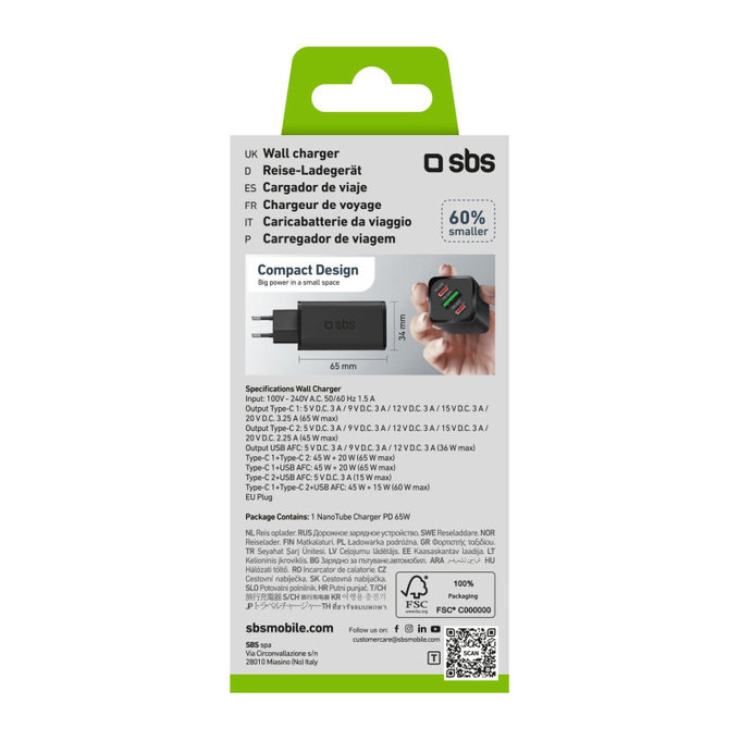 Adaptor de călătorie NanoTube 2x USB-C/USB-A, GaN, 65 W PD, negru, SBS