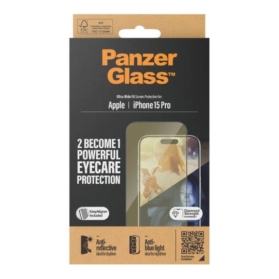 Sticlă securizată UWF Eyecare cu aplicator pentru iPhone 15 Pro, Negru, PanzerGlass