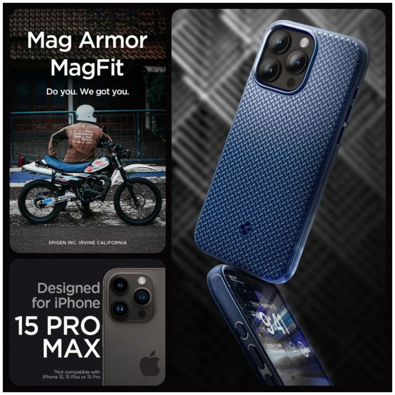 Spigen - Caz Mag Armor cu MagSafe pentru iPhone 15 Pro Max, Navy Blue