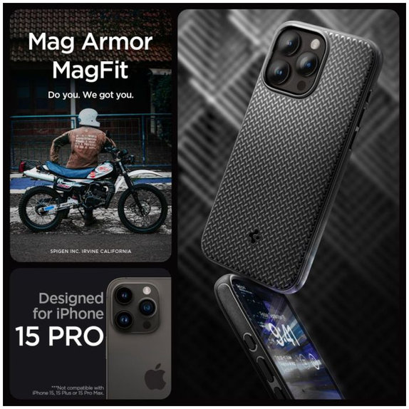 Spigen - Caz Mag Armor cu MagSafe pentru iPhone 15 Pro, Matte Black