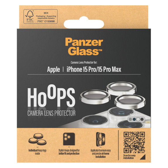 Protecție lentile cameră Hoops pentru iPhone 15 Pro/15 Pro Max, White Metal, PanzerGlass
