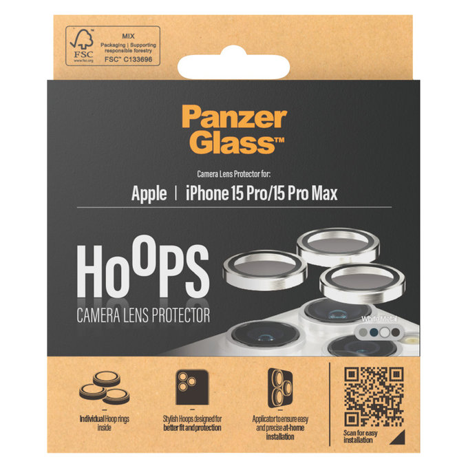 Protecție lentile cameră Hoops pentru iPhone 15 Pro/15 Pro Max, White Metal, PanzerGlass
