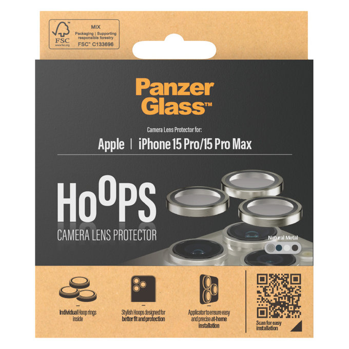 Protecție lentile cameră Hoops pentru iPhone 15 Pro/15 Pro Max, Natural Metal, PanzerGlass