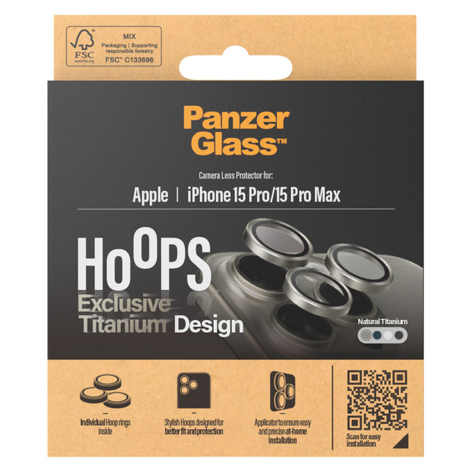 Protecție lentile cameră Hoops pentru iPhone 15 Pro/15 Pro Max, Natural Titanium, PanzerGlass