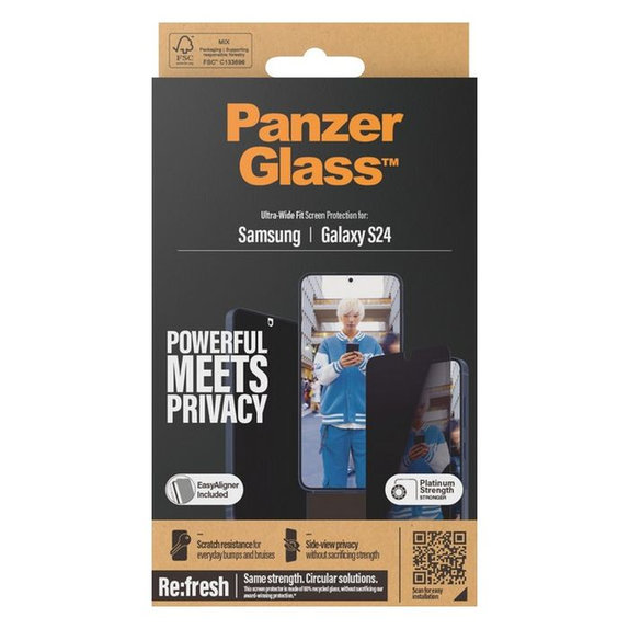 PanzerGlass - Geam Securizat Re:Fresh UWF Privacy cu aplicator pentru Samsung Galaxy S24, negru