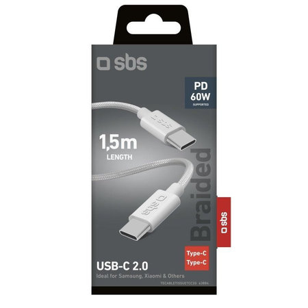 SBS - Cablu împletit USB-C/USB-C, PD, 60W, 2m, alb