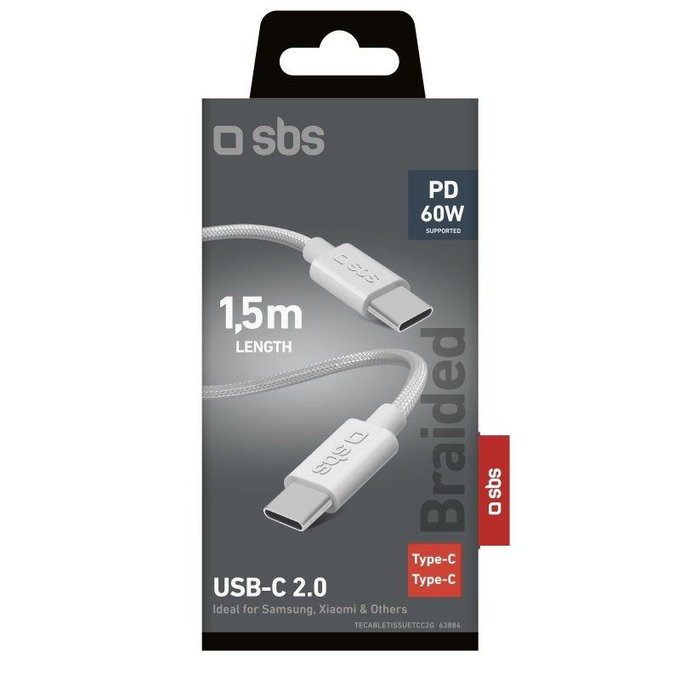 SBS - Cablu împletit USB-C/USB-C, PD, 60W, 2m, alb