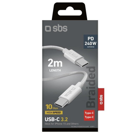 SBS - Cablu împletit USB-C/USB-C, PD, 240W, 2m, alb