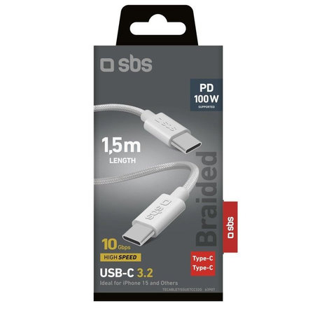 SBS - Cablu împletit USB-C/USB-C, PD, 100W, 1.5m, alb