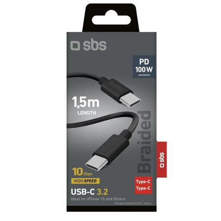 SBS - Cablu împletit USB-C/USB-C, PD, 100W, 1.5m, negru