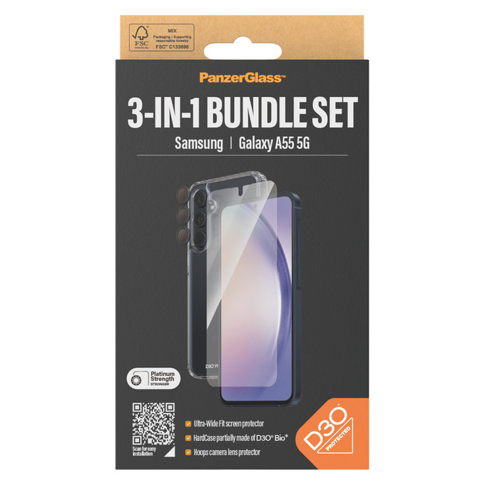 Bundle Hoops + Sticlă securizată UWF + Hard Case D3O pentru Samsung Galaxy A55 5G, PanzerGlass