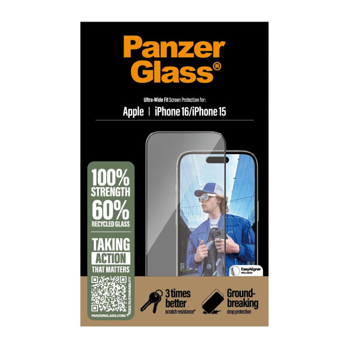 Sticlă securizată UWF cu aplicator pentru iPhone 16/15, Negru, PanzerGlass