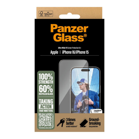 Sticlă securizată UWF cu aplicator pentru iPhone 16/15, Negru, PanzerGlass